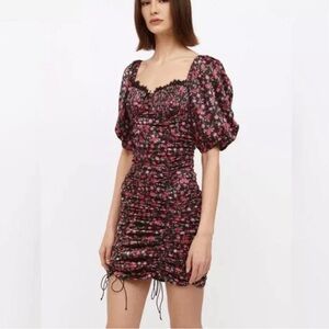 For Love & Lemons Melrose Satin Black and Pink Ruche Mini Puff sleeve dress. NWT